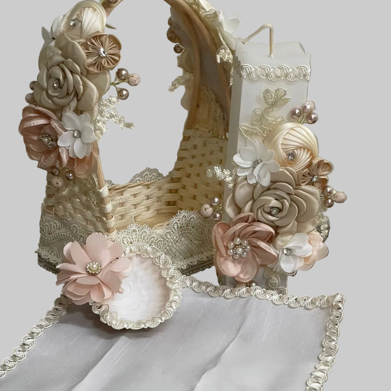 Girls baptism ceremony basket set with candle, shell, and towel