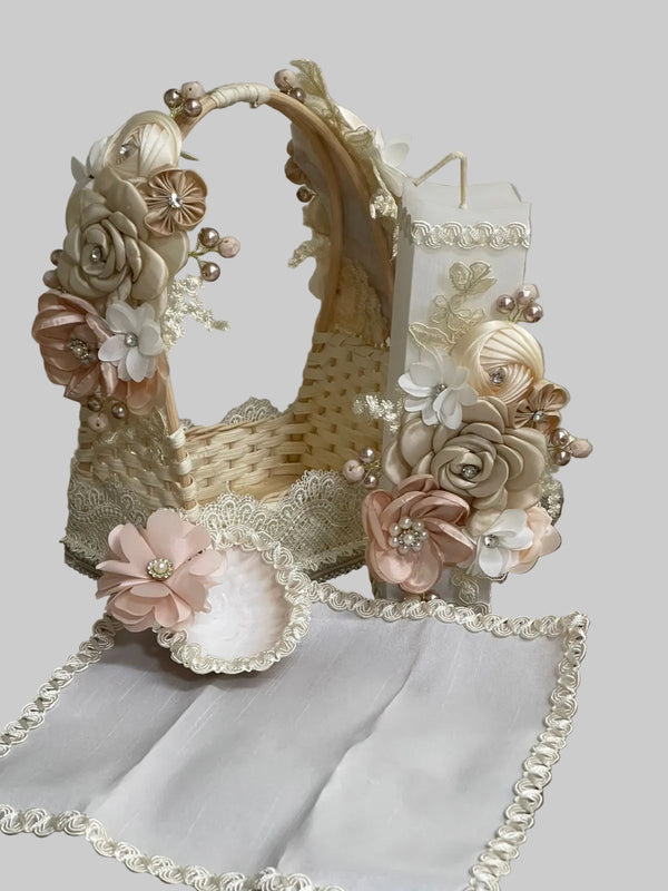 Girls baptism ceremony basket set with candle, shell, and towel