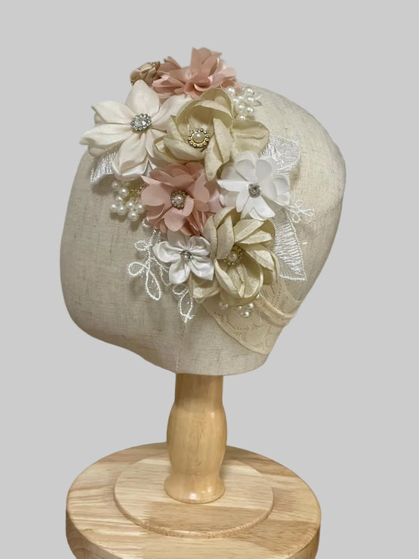 Lace baptism tiara with floral embellishments in white and pearl