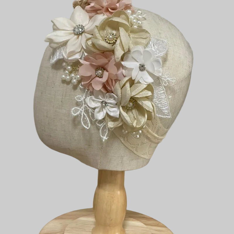 Lace baptism tiara with floral embellishments in white and pearl